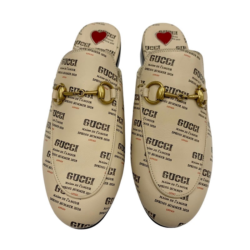 グッチ GUCCI プリンスタウン フラットシューズ 靴 シューズ レザー ベージュ レッド ゴールド 未使用 ミュール スリッパサンダル ロゴ ホースビット