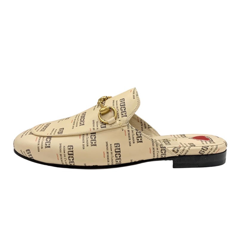 グッチ GUCCI プリンスタウン フラットシューズ 靴 シューズ レザー ベージュ レッド ゴールド 未使用 ミュール スリッパサンダル ロゴ ホースビット