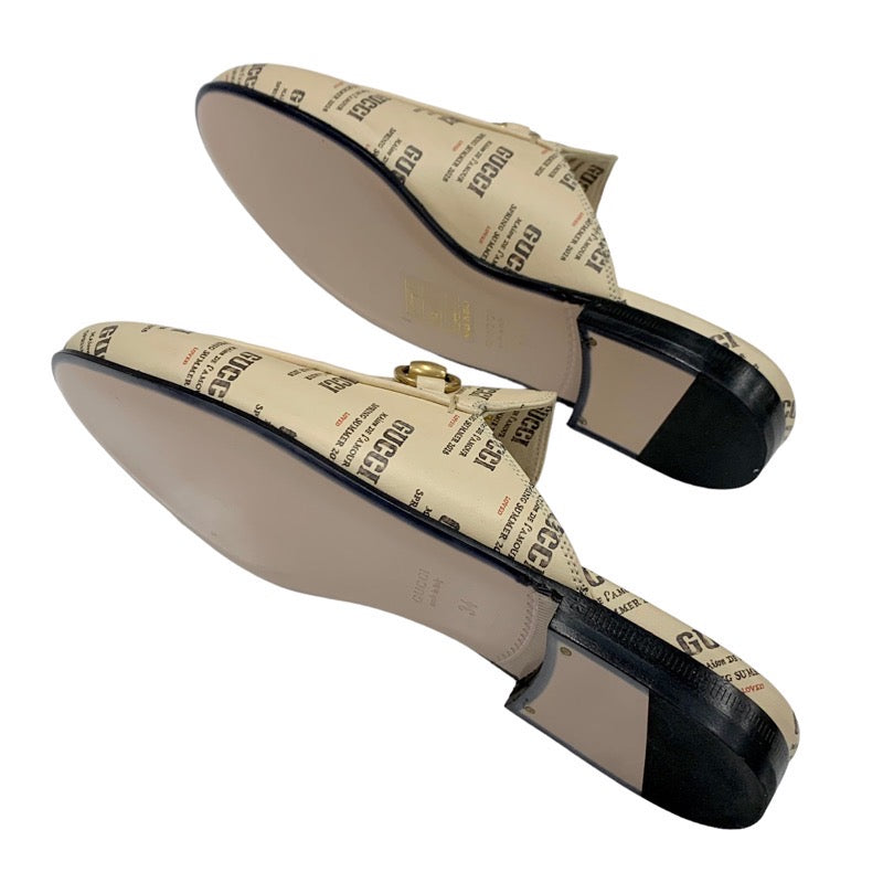 グッチ GUCCI プリンスタウン フラットシューズ 靴 シューズ レザー ベージュ レッド ゴールド 未使用 ミュール スリッパサンダル ロゴ ホースビット