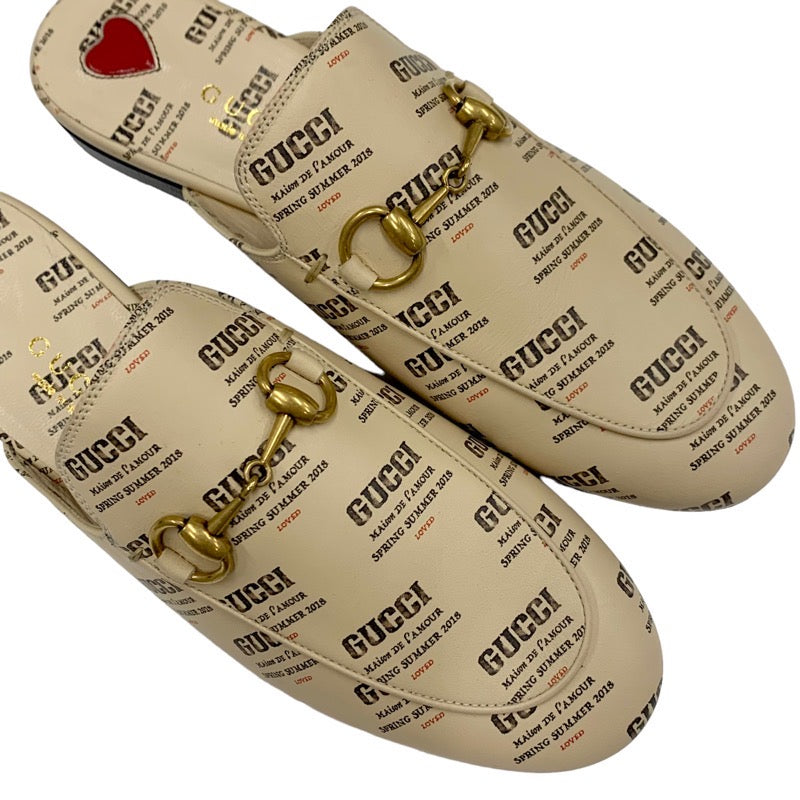 グッチ GUCCI プリンスタウン フラットシューズ 靴 シューズ レザー ベージュ レッド ゴールド 未使用 ミュール スリッパサンダル ロゴ ホースビット