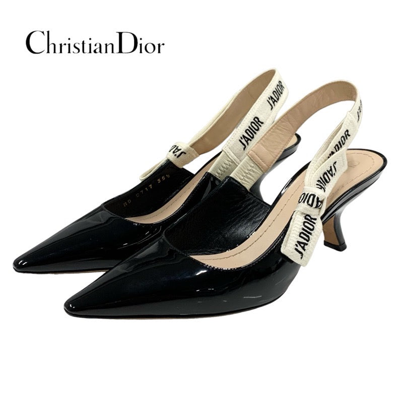 Christian Dior CHRISTIAN DIOR JADIOR Pumps Shoes Patent Black White Black Sandals Slingback Logo Embroidered