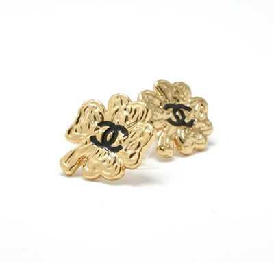 Chanel Earrings Gold Black Coco Mark Clover