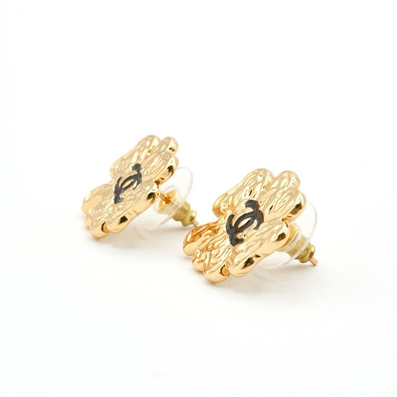 Chanel Earrings Gold Black Coco Mark Clover