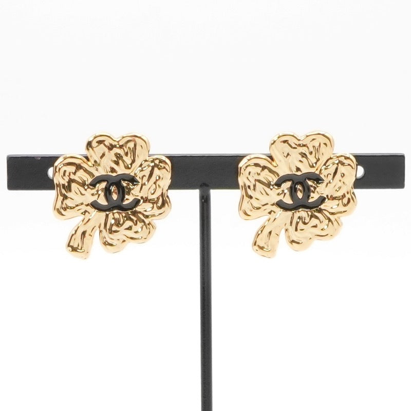 Chanel Earrings Gold Black Coco Mark Clover