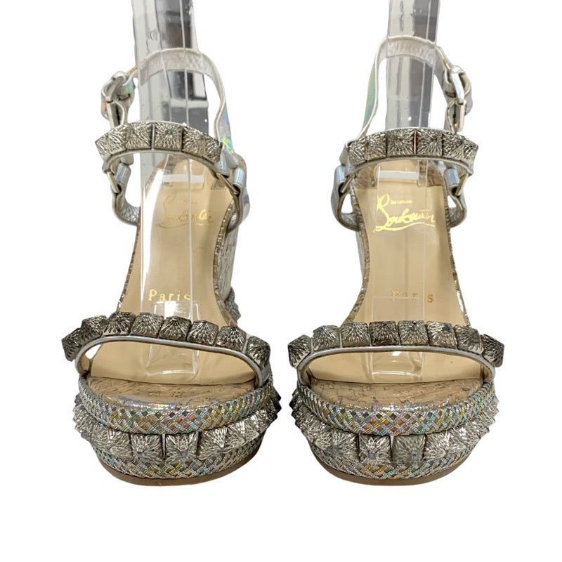 クリスチャンルブタン Christian Louboutin ピラリヤド サンダル 靴 シューズ レザー コルク シルバー オーロラ スタッズ ウェッジソール ストラップ