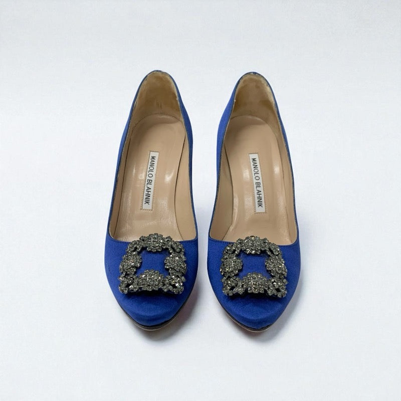 マノロブラニク MANOLO BLAHNIK ハンギシ パンプス 靴 シューズ サテン ブルー シルバー ビジュー パーティーシューズ