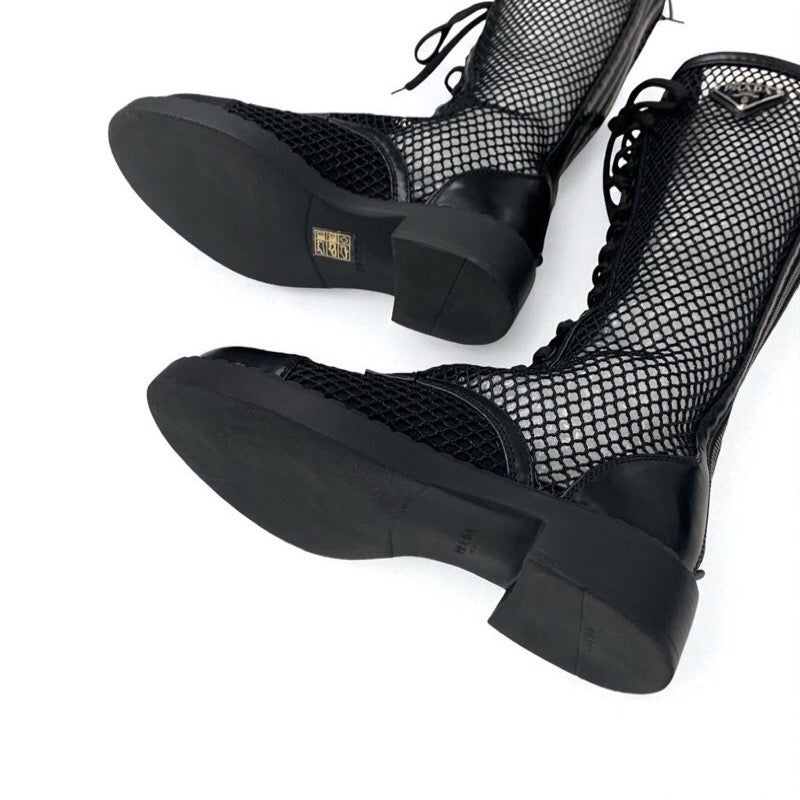 プラダ PRADA ブーツ ロングブーツ 靴 シューズ メッシュ レザー ブラック 黒 トライアングルロゴ レースアップ