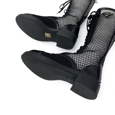 プラダ PRADA ブーツ ロングブーツ 靴 シューズ メッシュ レザー ブラック 黒 トライアングルロゴ レースアップ