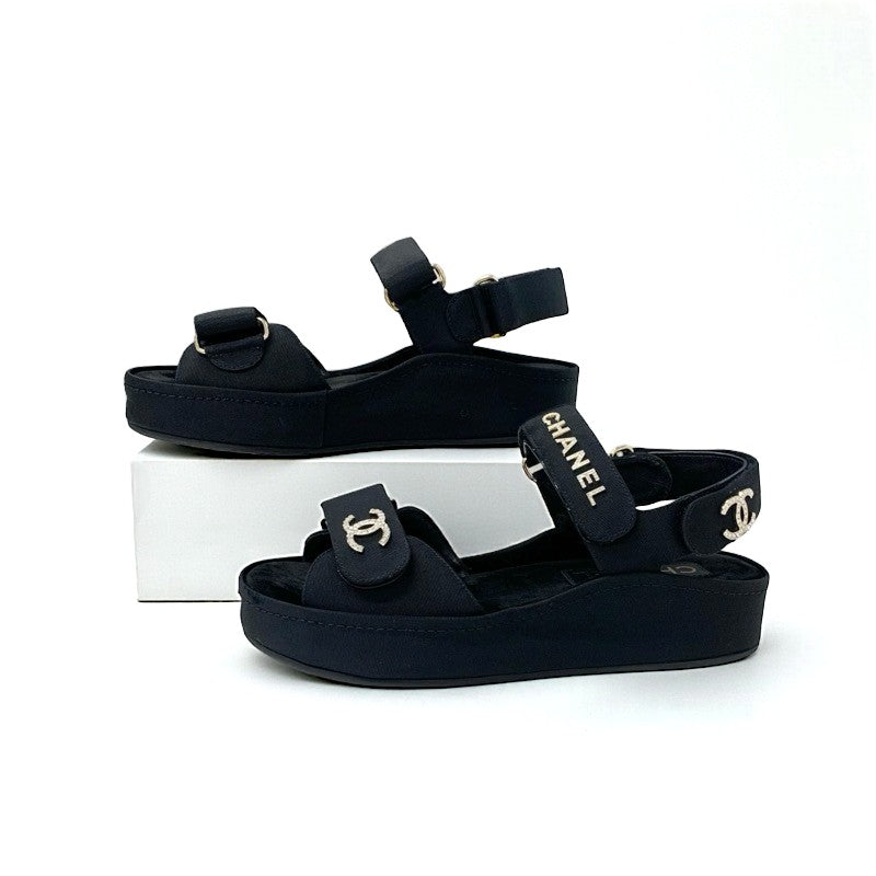 シャネル CHANEL サンダル 靴 シューズ ファブリック ベロア ブラック ゴールド ラインストーン ココマーク ロゴ ベルクロ