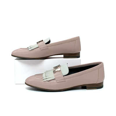 エルメス HERMES ロワイヤル ローファー 革靴 靴 シューズ レザー ピンク ホワイト シルバー H金具 フリンジ モカシン フラットシューズ