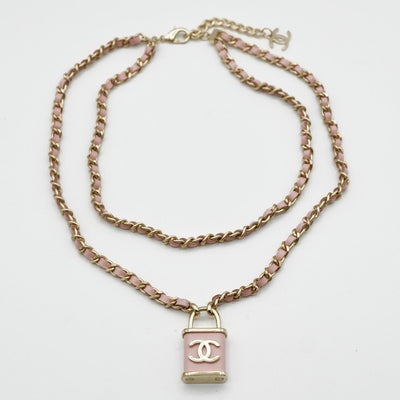 シャネル CHANEL ネックレス ペンダント チョーカー ピンク ゴールド ココマーク パドロック 2連 チェーン