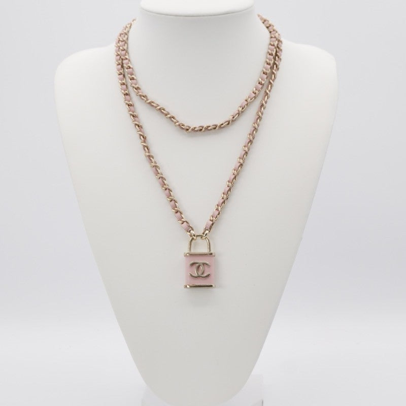 シャネル CHANEL ネックレス ペンダント チョーカー ピンク ゴールド ココマーク パドロック 2連 チェーン