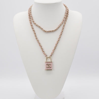 シャネル CHANEL ネックレス ペンダント チョーカー ピンク ゴールド ココマーク パドロック 2連 チェーン