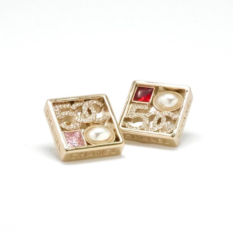 Chanel Earrings Gold Coco Mark Logo N5 Pearl Rhinestone