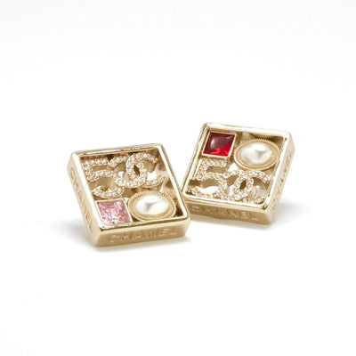 Chanel Earrings Gold Coco Mark Logo N5 Pearl Rhinestone