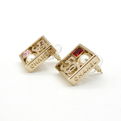 Chanel Earrings Gold Coco Mark Logo N5 Pearl Rhinestone