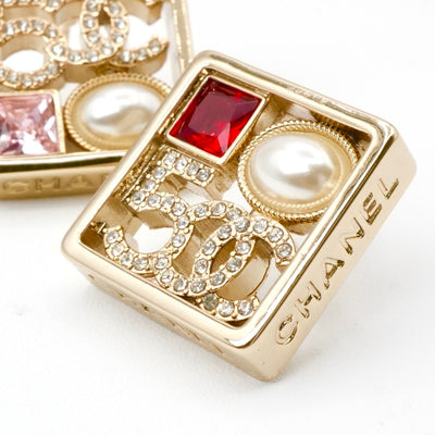 Chanel Earrings Gold Coco Mark Logo N5 Pearl Rhinestone