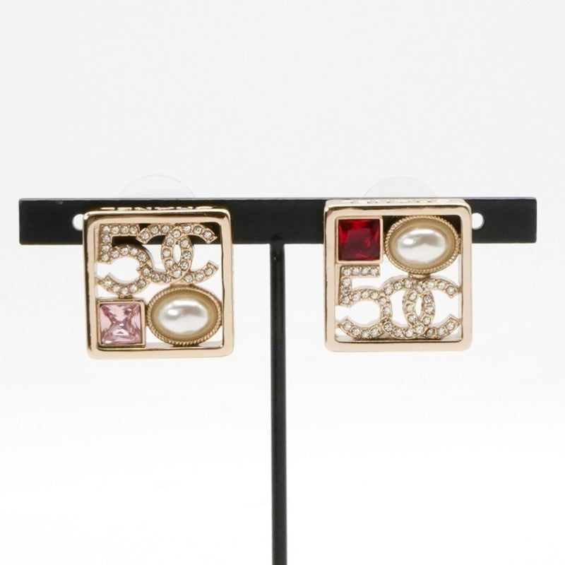 Chanel Earrings Gold Coco Mark Logo N5 Pearl Rhinestone