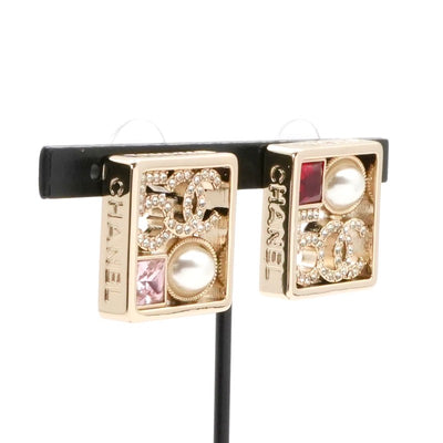 Chanel Earrings Gold Coco Mark Logo N5 Pearl Rhinestone