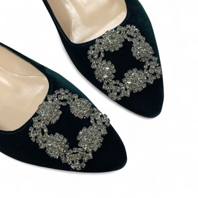 マノロブラニク MANOLO BLAHNIK ハンギシ フラットシューズ 靴 シューズ ベロア グリーン ビジュー フラットパンプス