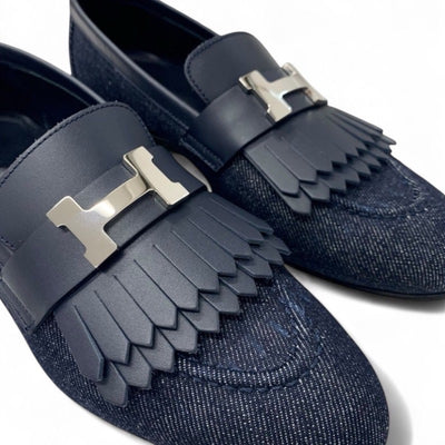 エルメス HERMES ロワイヤル ローファー 革靴 靴 シューズ デニム ネイビー シルバー H金具 フリンジ モカシン フラットシューズ