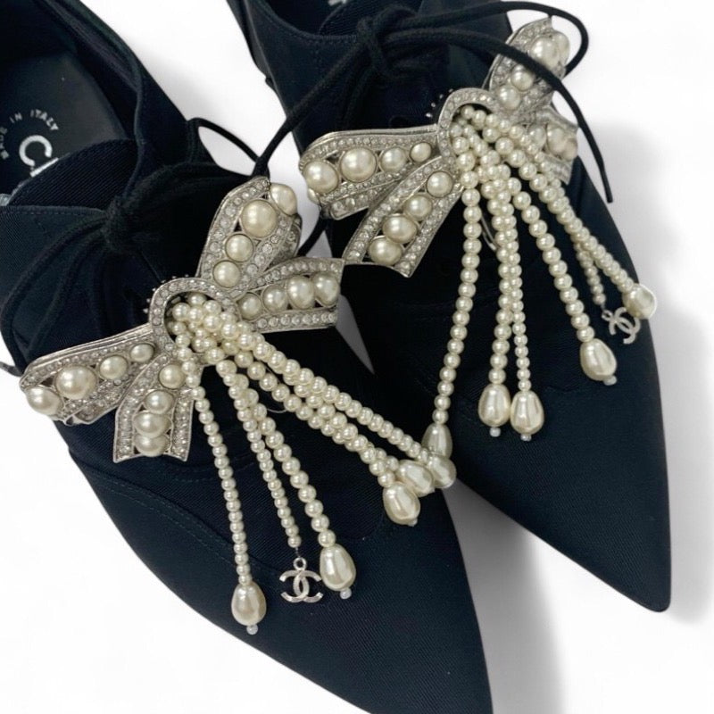 シャネル CHANEL ブーツ ショートブーツ 靴 シューズ ファブリック ブラック ココマーク パール ビジュー リボン ブーティ