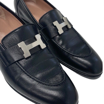 エルメス HERMES パリ ローファー 革靴 靴 シューズ レザー ブラック 黒 シルバー モカシン フラットシューズ H金具