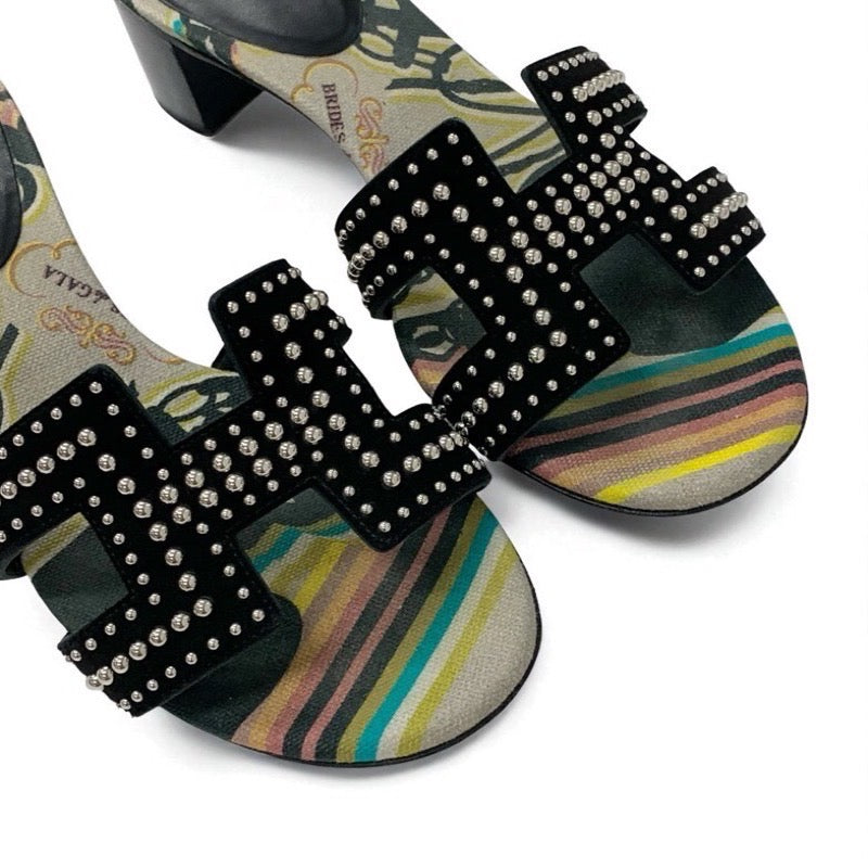 エルメス HERMES オアジス サンダル 靴 シューズ スエード ブラック マルチカラー スタッズ ミュール