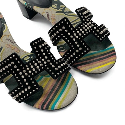 エルメス HERMES オアジス サンダル 靴 シューズ スエード ブラック マルチカラー スタッズ ミュール