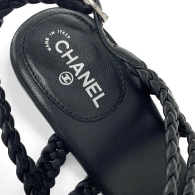 シャネル CHANEL サンダル 靴 シューズ レザー ブラック 黒 ストラップ ココマーク 編み込み ウェッジソール