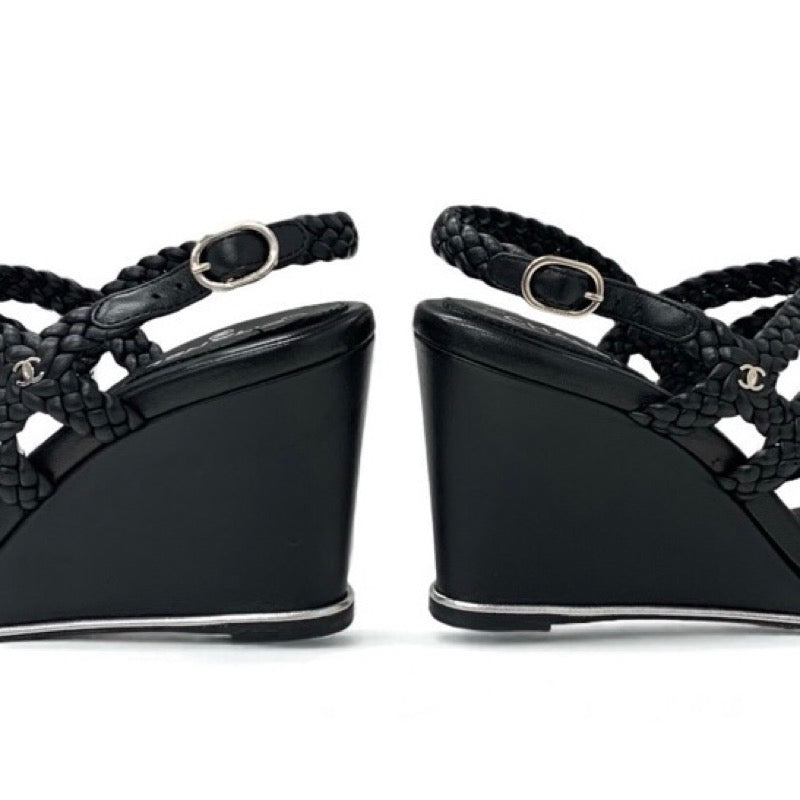 シャネル CHANEL サンダル 靴 シューズ レザー ブラック 黒 ストラップ ココマーク 編み込み ウェッジソール