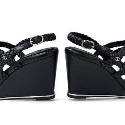 シャネル CHANEL サンダル 靴 シューズ レザー ブラック 黒 ストラップ ココマーク 編み込み ウェッジソール